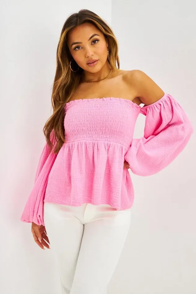 Women Top paules Dnudes Manches Ballon En Gaze De Coton Rose Pink Brentiny Paris Top And Tank Tops Women Top paules Dnudes Manches Ballon En Gaze De Coton Rose Pink Brentiny Paris Top And Tank Tops