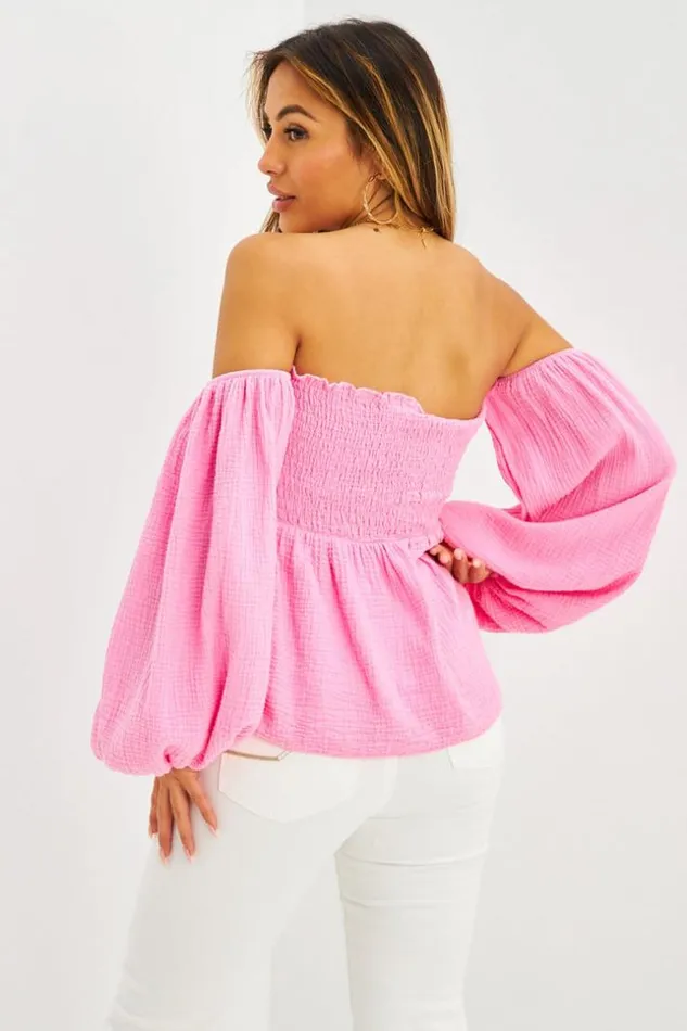 Women Top paules Dnudes Manches Ballon En Gaze De Coton Rose Pink Brentiny Paris Top And Tank Tops Women Top paules Dnudes Manches Ballon En Gaze De Coton Rose Pink Brentiny Paris Top And Tank Tops