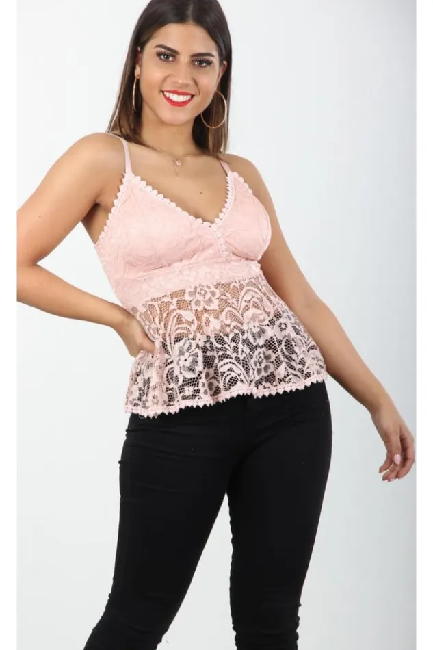 Women Top With Pink Lace Neckline Pink Brentiny Paris Top And Tank Tops