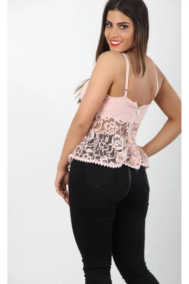 Women Top With Pink Lace Neckline Pink Brentiny Paris Top And Tank Tops
