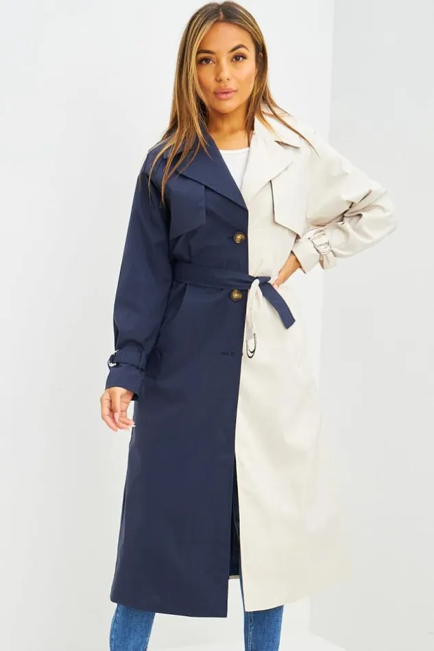 Women Trench Long Bicolore Beige Et Bleu Marine Blue Brentiny Paris Jackets
