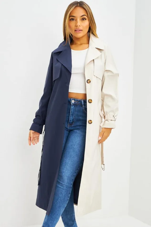 Women Trench Long Bicolore Beige Et Bleu Marine Blue Brentiny Paris Jackets