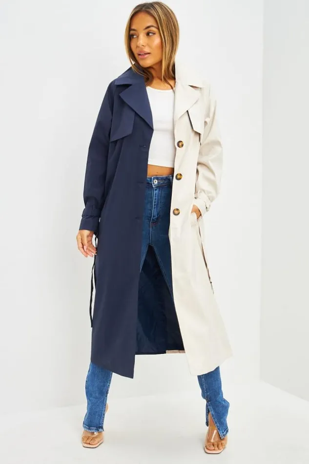 Women Trench Long Bicolore Beige Et Bleu Marine Blue Brentiny Paris Jackets