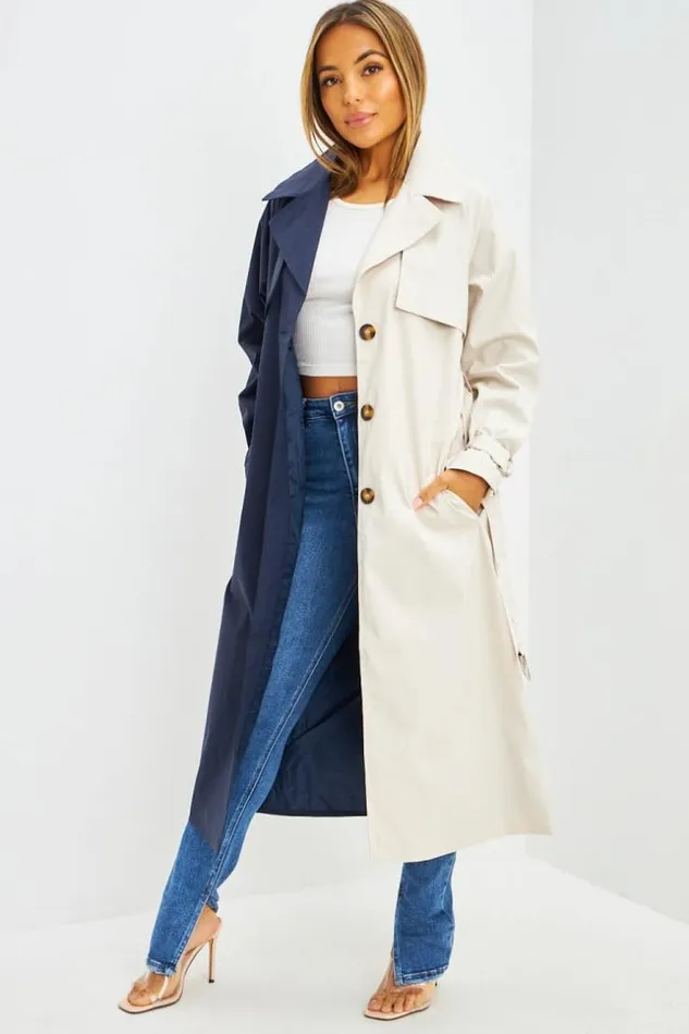 Women Trench Long Bicolore Beige Et Bleu Marine Blue Brentiny Paris Jackets