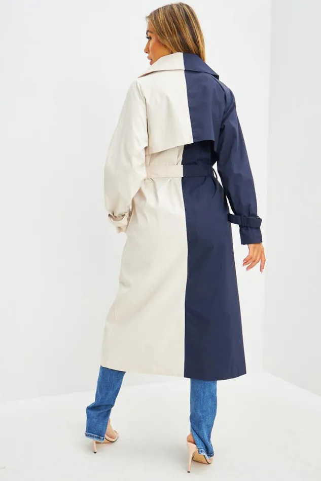 Women Trench Long Bicolore Beige Et Bleu Marine Blue Brentiny Paris Jackets
