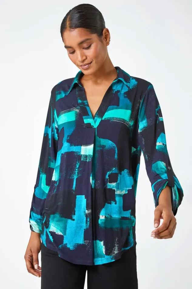 Women Turquoise Abstract Print Stretch Shirt Top Roman Tops