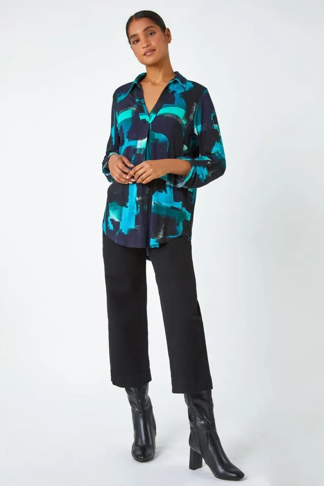 Women Turquoise Abstract Print Stretch Shirt Top Roman Tops