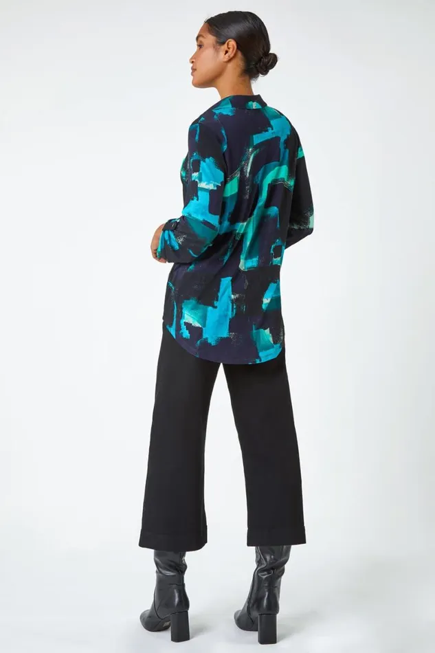 Women Turquoise Abstract Print Stretch Shirt Top Roman Tops