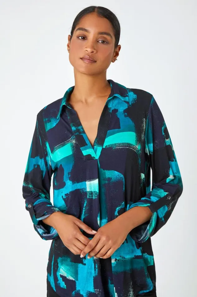 Women Turquoise Abstract Print Stretch Shirt Top Roman Tops