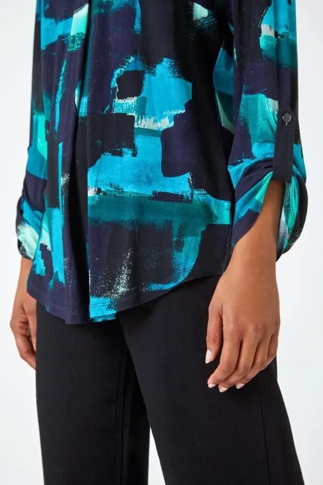 Women Turquoise Abstract Print Stretch Shirt Top Roman Tops