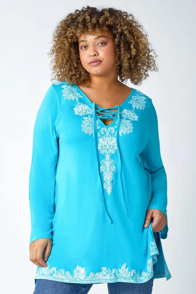 Women Turquoise Curve Border Print VNeck Lace Up Top Roman Tops