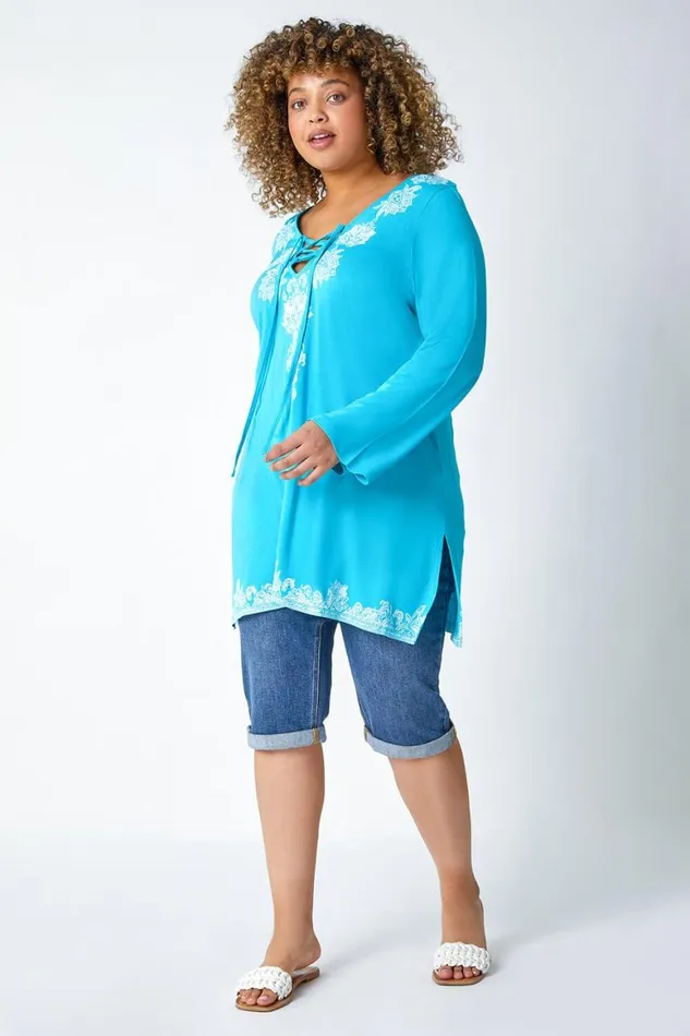 Women Turquoise Curve Border Print VNeck Lace Up Top Roman Tops