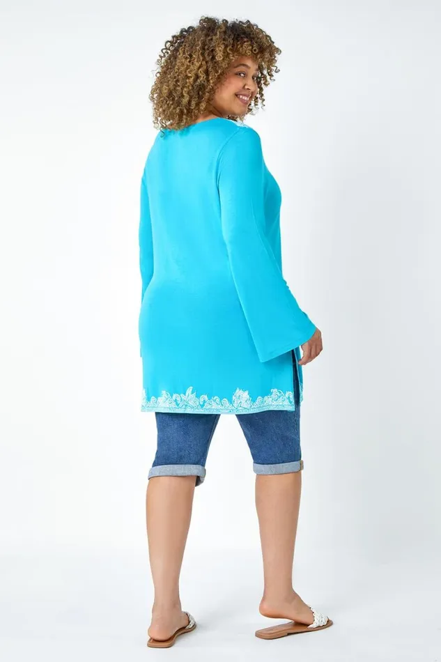 Women Turquoise Curve Border Print VNeck Lace Up Top Roman Tops