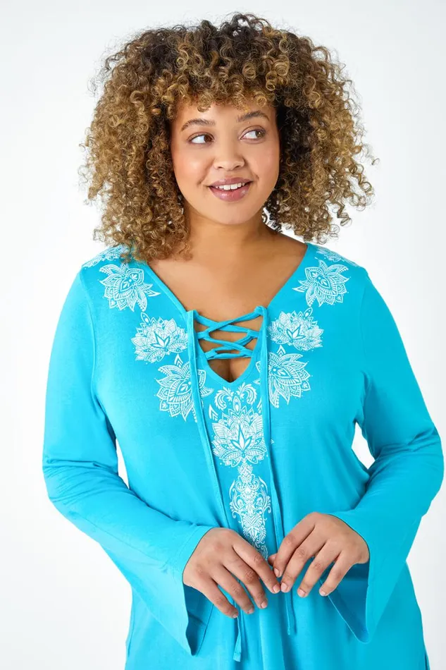 Women Turquoise Curve Border Print VNeck Lace Up Top Roman Tops