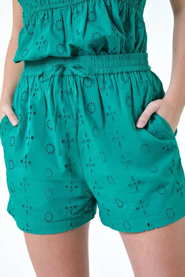 Women Turquoise Elastic Waist Cotton Broderie Anglaise Shorts Roman Shorts