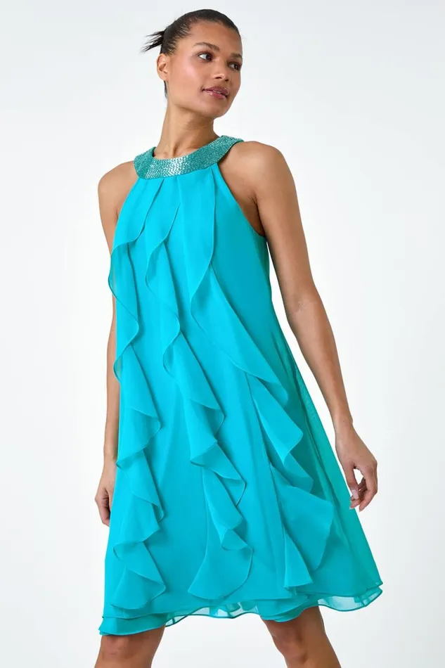 Women Turquoise Embellished Collar Frilled Chiffon Dress Roman Dresses
