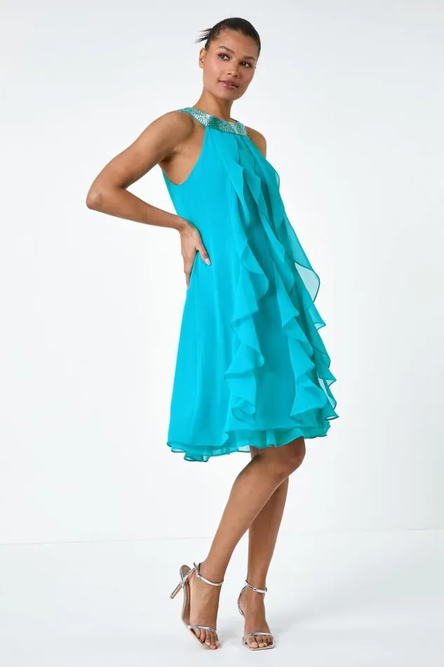 Women Turquoise Embellished Collar Frilled Chiffon Dress Roman Dresses