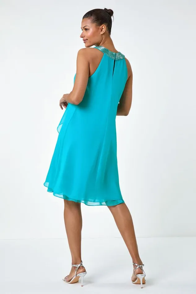 Women Turquoise Embellished Collar Frilled Chiffon Dress Roman Dresses