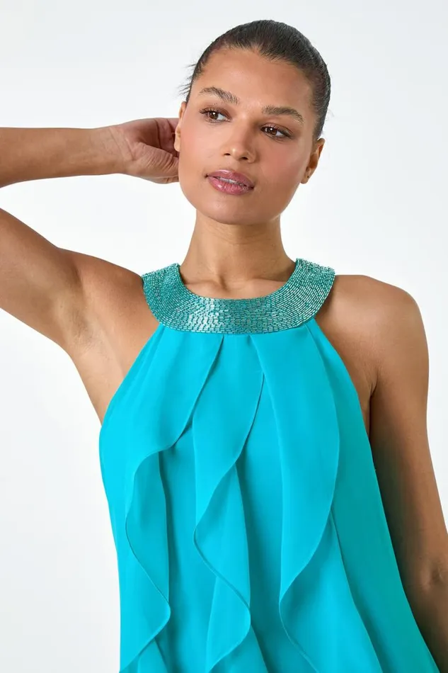 Women Turquoise Embellished Collar Frilled Chiffon Dress Roman Dresses
