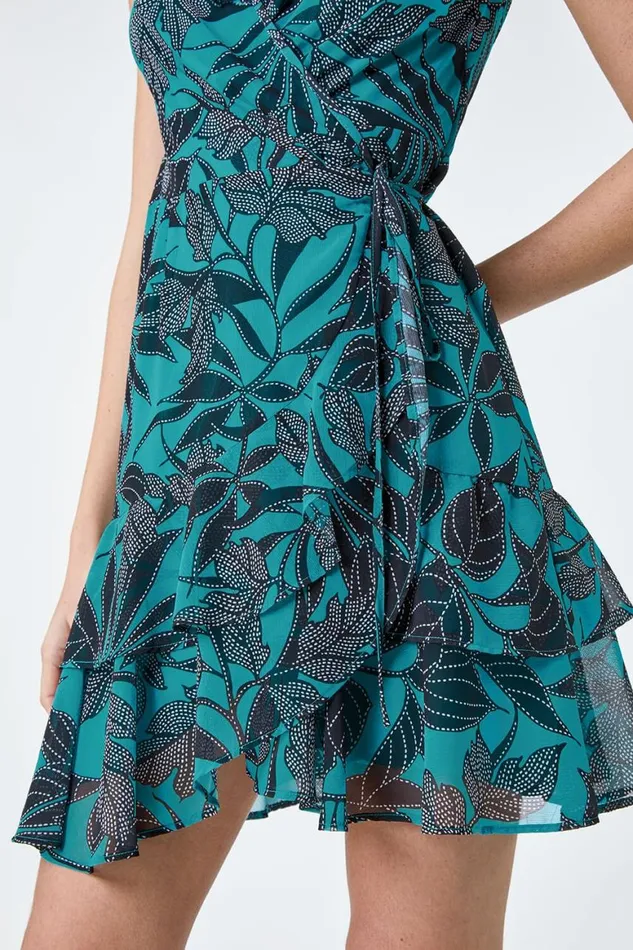 Women Turquoise Leaf Print Frill Wrap Dress Roman Dresses