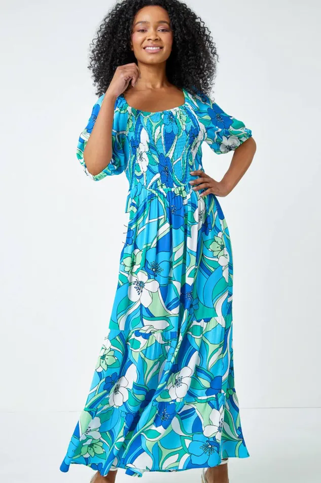 Women Turquoise Petite Floral Stretch Tiered Maxi Dress Roman Dresses