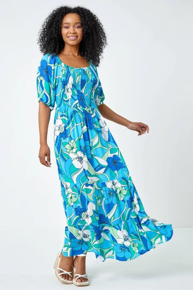 Women Turquoise Petite Floral Stretch Tiered Maxi Dress Roman Dresses