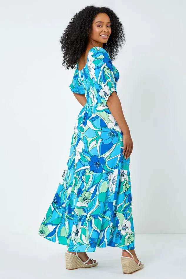 Women Turquoise Petite Floral Stretch Tiered Maxi Dress Roman Dresses
