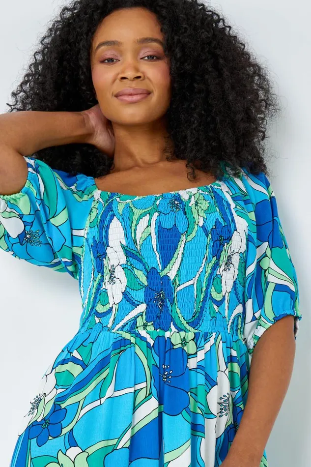 Women Turquoise Petite Floral Stretch Tiered Maxi Dress Roman Dresses