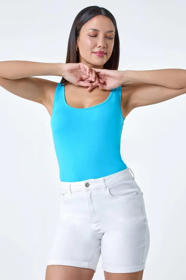 Women Turquoise Plain Stretch Jersey Vest Top Roman Tops