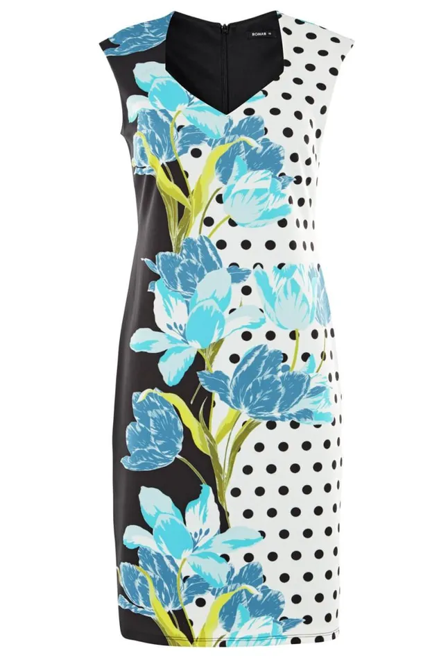 Women Turquoise Sweetheart Spot Floral Stretch Dress Roman Dresses