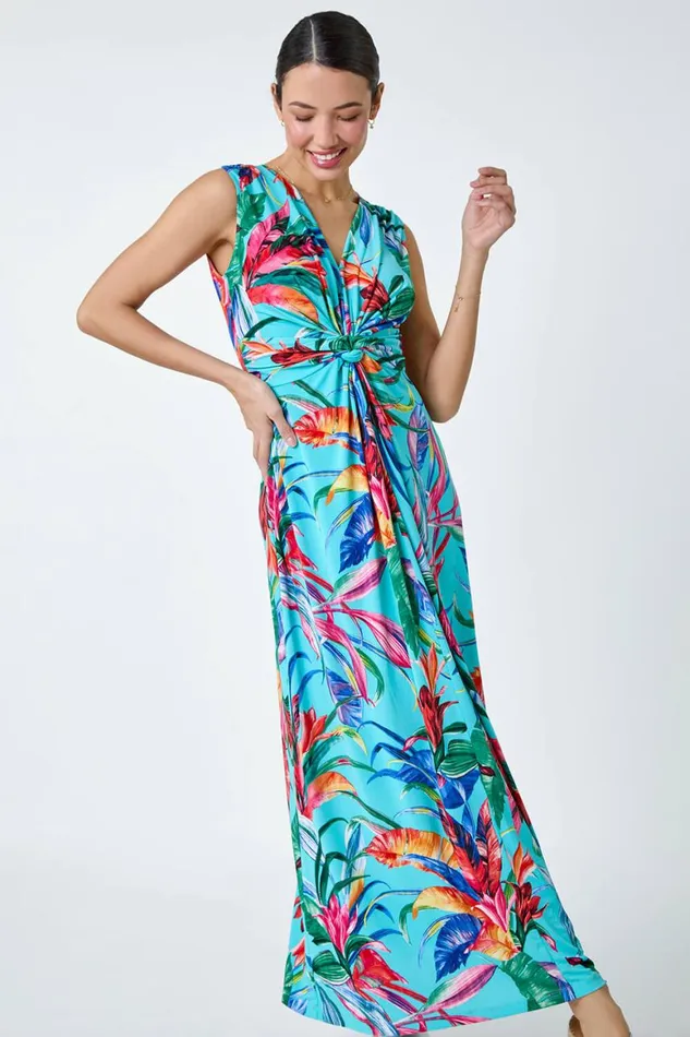Women Turquoise Tropical Twist Detail Stretch Maxi Dress Roman Dresses