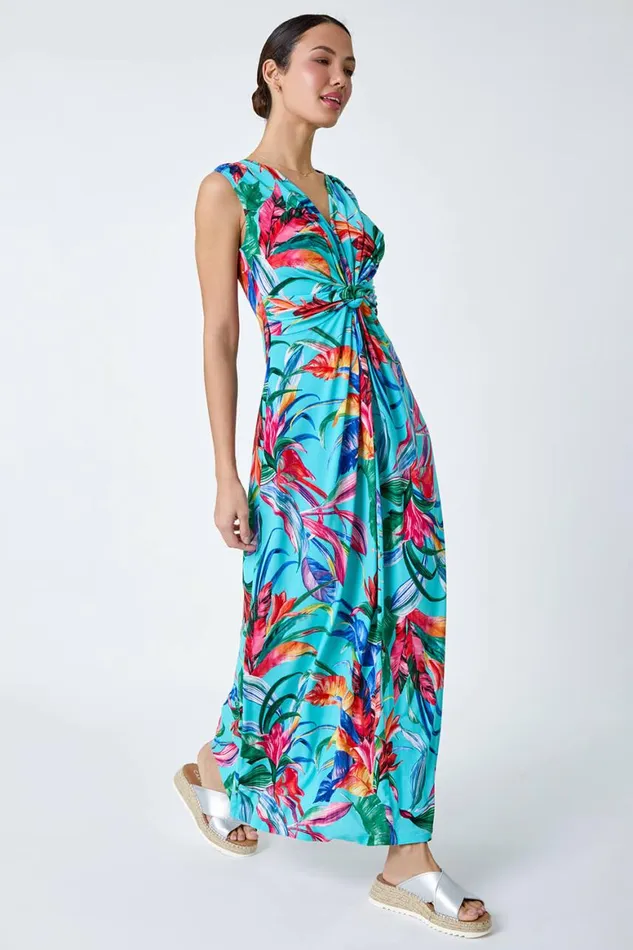 Women Turquoise Tropical Twist Detail Stretch Maxi Dress Roman Dresses