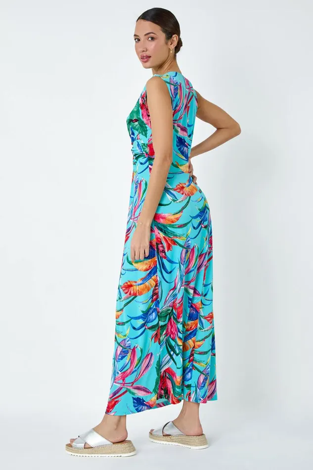 Women Turquoise Tropical Twist Detail Stretch Maxi Dress Roman Dresses