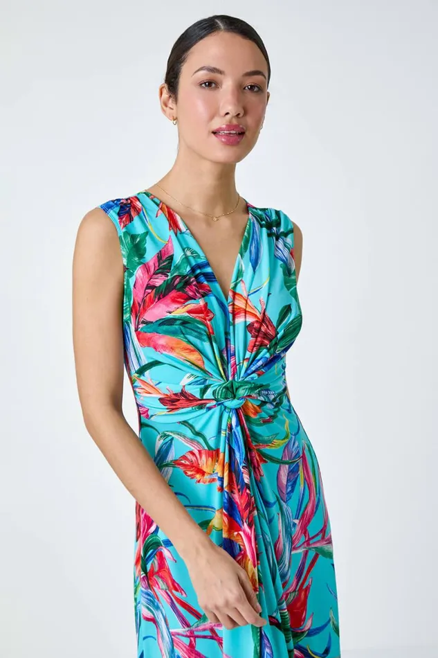 Women Turquoise Tropical Twist Detail Stretch Maxi Dress Roman Dresses