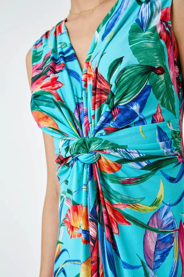 Women Turquoise Tropical Twist Detail Stretch Maxi Dress Roman Dresses