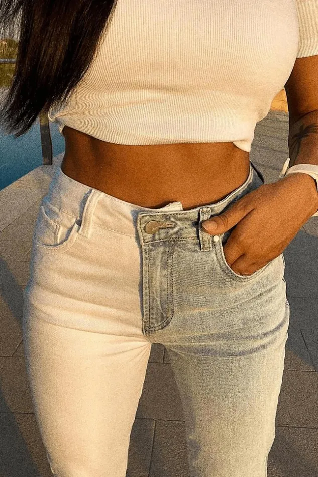 Women Two Tone Contrast Straight Leg Jeans In Blue And White Blue Brentiny Paris Jeans