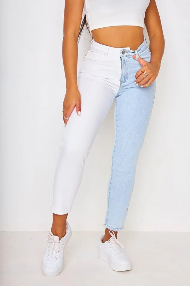 Women Two Tone Contrast Straight Leg Jeans In Blue And White Blue Brentiny Paris Jeans