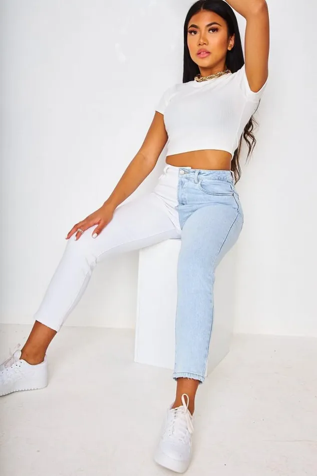 Women Two Tone Contrast Straight Leg Jeans In Blue And White Blue Brentiny Paris Jeans