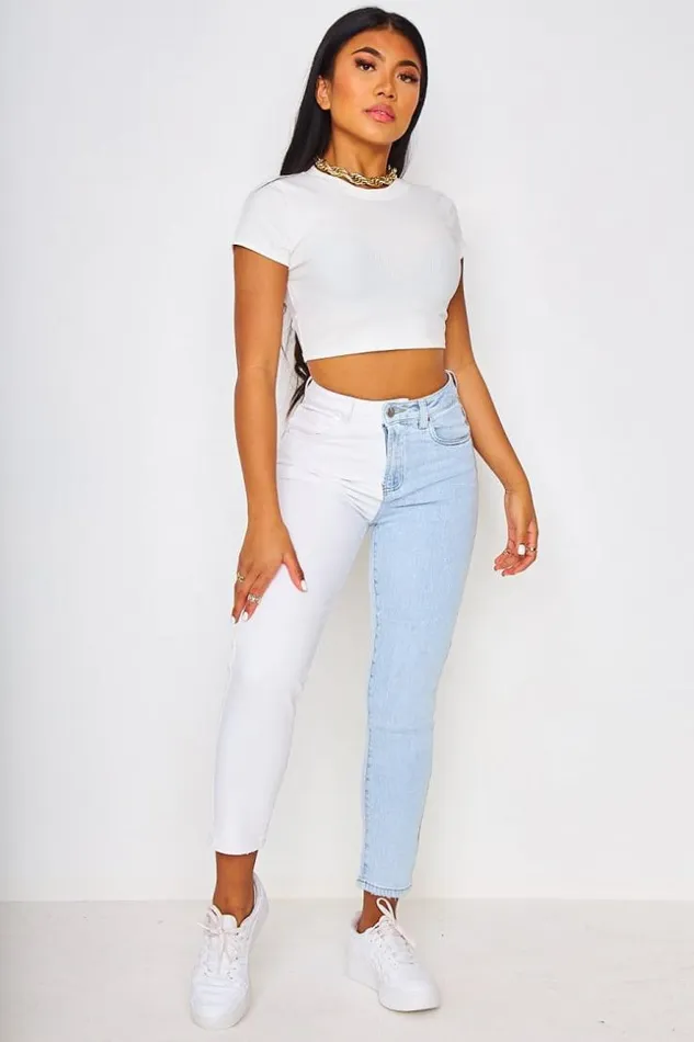 Women Two Tone Contrast Straight Leg Jeans In Blue And White Blue Brentiny Paris Jeans