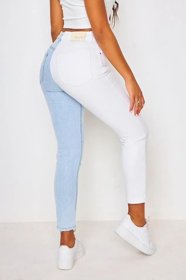 Women Two Tone Contrast Straight Leg Jeans In Blue And White Blue Brentiny Paris Jeans