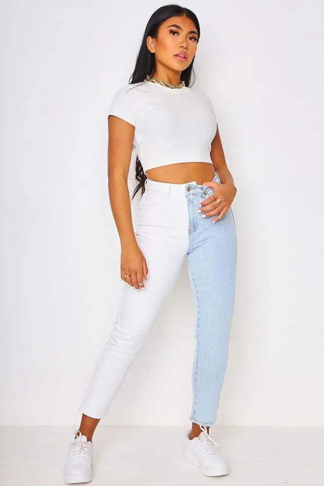 Women Two Tone Contrast Straight Leg Jeans In Blue And White Blue Brentiny Paris Jeans