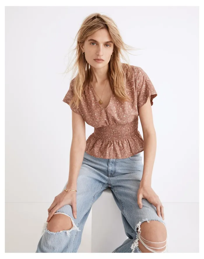 Women V Neck Smocked Waist Top In Daisy Stitch Faded Mauve Madewell Tops and Shirts