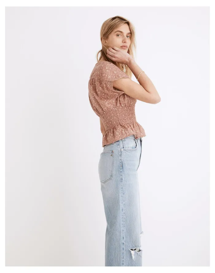 Women V Neck Smocked Waist Top In Daisy Stitch Faded Mauve Madewell Tops and Shirts Women V Neck Smocked Waist Top In Daisy Stitch Faded Mauve Madewell Tops and Shirts