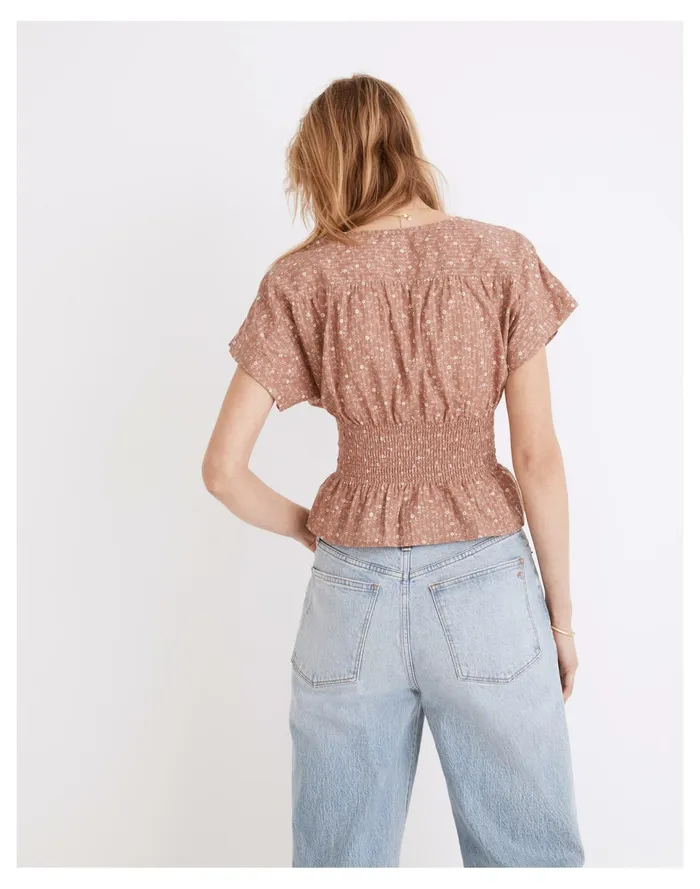 Women V Neck Smocked Waist Top In Daisy Stitch Faded Mauve Madewell Tops and Shirts Women V Neck Smocked Waist Top In Daisy Stitch Faded Mauve Madewell Tops and Shirts