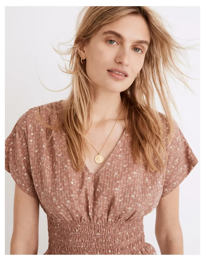 Women V Neck Smocked Waist Top In Daisy Stitch Faded Mauve Madewell Tops and Shirts Women V Neck Smocked Waist Top In Daisy Stitch Faded Mauve Madewell Tops and Shirts