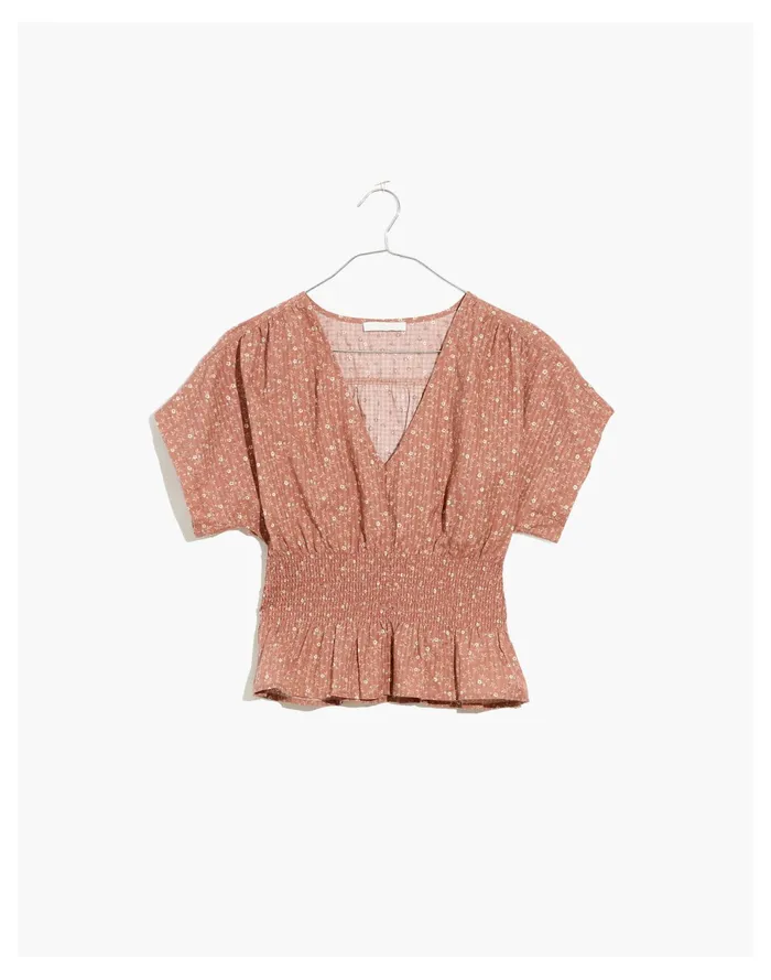 Women V Neck Smocked Waist Top In Daisy Stitch Faded Mauve Madewell Tops and Shirts Women V Neck Smocked Waist Top In Daisy Stitch Faded Mauve Madewell Tops and Shirts