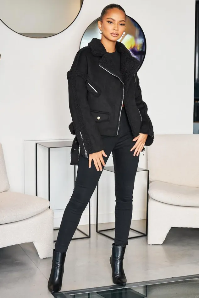 Women Veste Aviateur Noire En Sudine Et Dtails Peau De Mouton Black Brentiny Paris Jackets Women Veste Aviateur Noire En Sudine Et Dtails Peau De Mouton Black Brentiny Paris Jackets