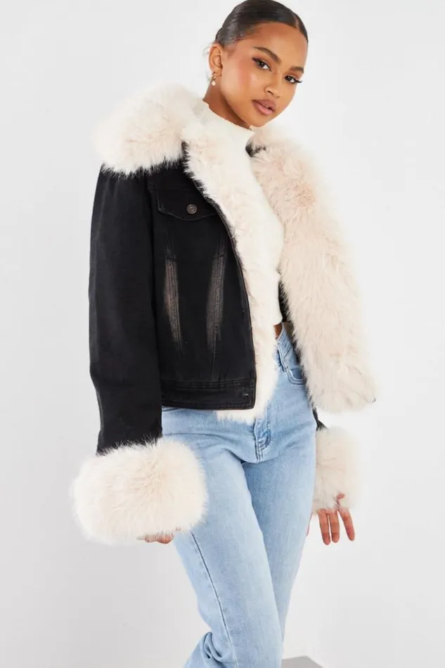 Women Veste En Jean Fourrure NoirBeige Black Brentiny Paris Jackets