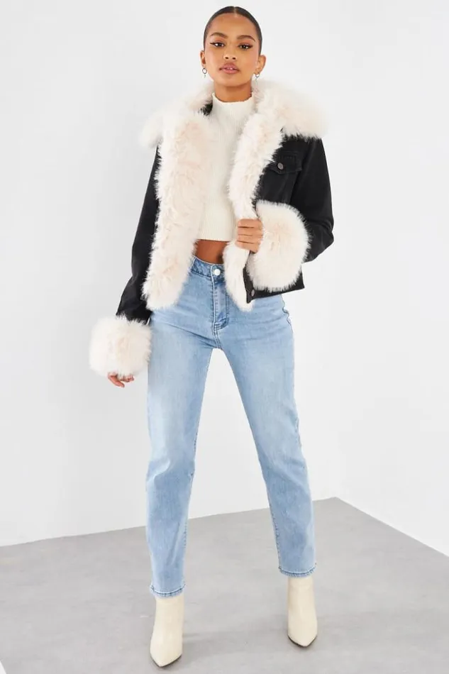 Women Veste En Jean Fourrure NoirBeige Black Brentiny Paris Jackets