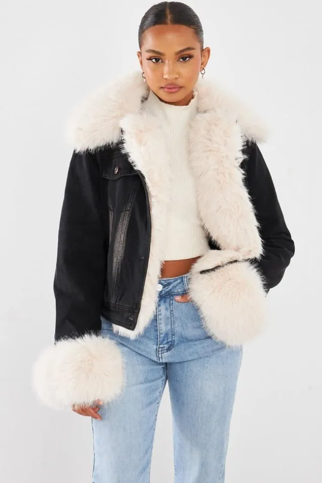 Women Veste En Jean Fourrure NoirBeige Black Brentiny Paris Jackets